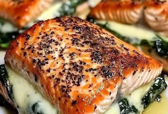 Salmón al Horno con Salsa Cremosa y Espinacas