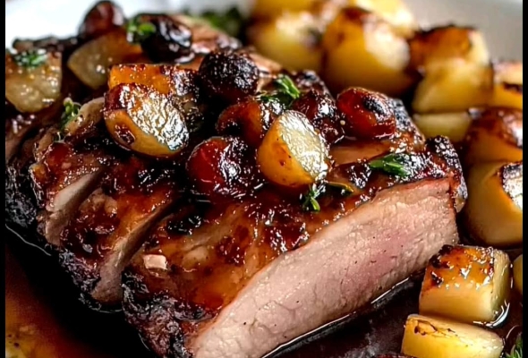 Lomo de Cerdo Asado con Frutas Caramelizadas y Patatas Rústicas